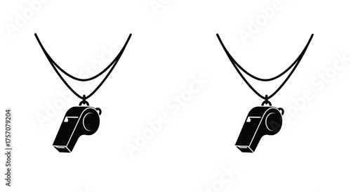 Two black and white illustrations of whistles on black lanyards