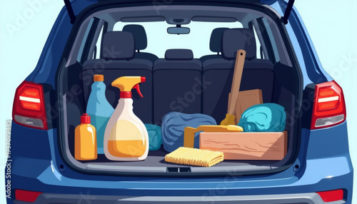 Cleaning supplies arranged in car trunk for cleanup tools  