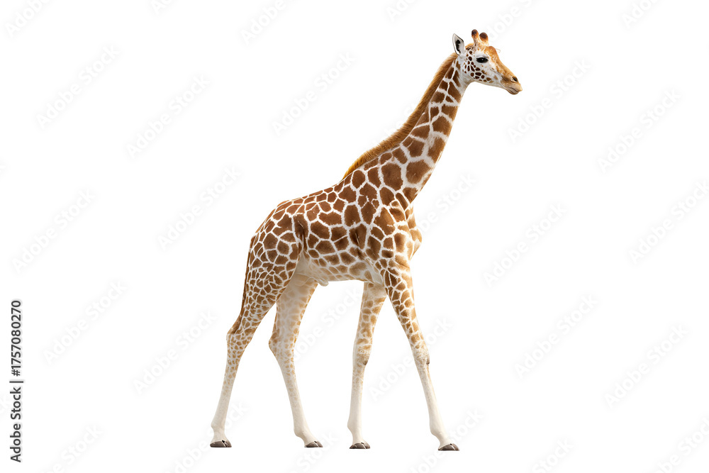 Naklejka premium Majestic giraffe standing tall with beautiful spotted skin makes a striking statement about african wildlife or a themed creative project and offers versatile stock image