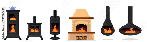 Set of modern and classic wood stoves and fireplaces with burning fire. Good for home heating energy comfort winter or interior design. Collection of wood burning stoves in flat rector style
