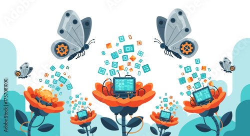 Digital Ecosystem - Technology Blooming in Nature with Butterflies and Data.