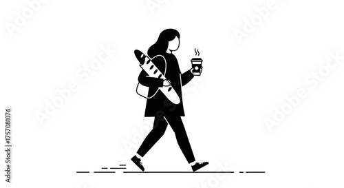 Modern young woman with backpack and coffee cup walking confidently outdoors enjoying a day with a casual stroll isolated on white background
