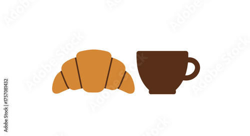 Crispy golden croissant and dark coffee cup representing a delicious breakfast or snack time meal isolated on white background