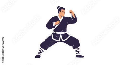 Martial arts master performing dynamic kung fu stance demonstrating strength discipline and traditional combat skills of ancient warrior isolated on white background