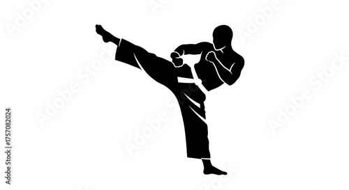 Dynamic martial arts silhouette captures powerful high kick motion energetic karate fighter action graphic design element isolated on white background