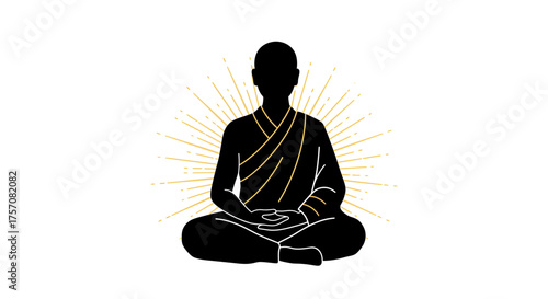 Serene monk meditating in lotus pose emanating peace and tranquility with a simple yet profound aura isolated on white background