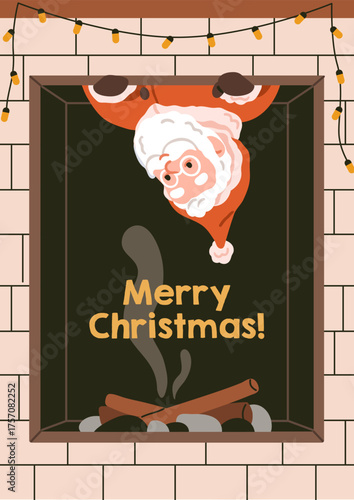 Santa Claus at fireplace, Merry Christmas card design. Xmas and New Year character peeking, peeping from behind fireside chimney. Holiday greeting postcard, poster. Flat vector illustration