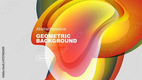 Abstract geometric background features vibrant orange, yellow, green hues. Text overlay includes sample content, button for more information.