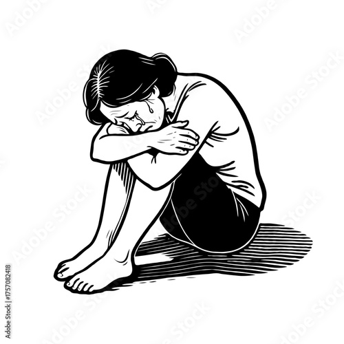 Depressed woman sitting with head on knees, black and white graphic style, isolated on white background, expressing sorrow and emotional pain