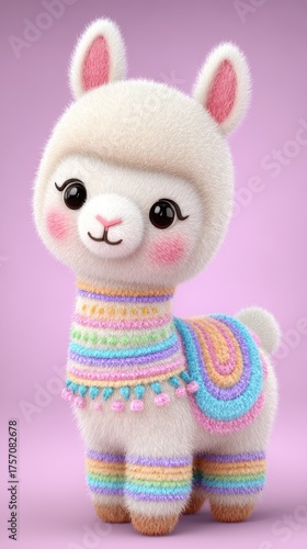 Adorable Fluffy Alpaca with Rainbow Saddle Against Purple Background