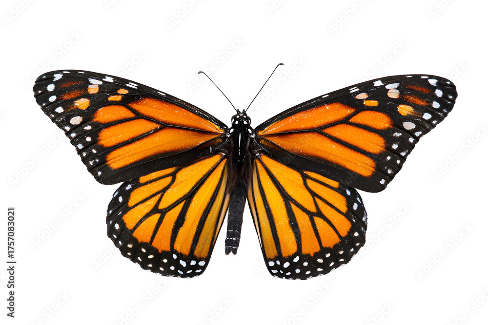 Fototapeta premium Monarch butterfly showing vivid wings open with orange yellow and black pattern with distinct white spots along wing edges presenting a stunning butterfly specimen
