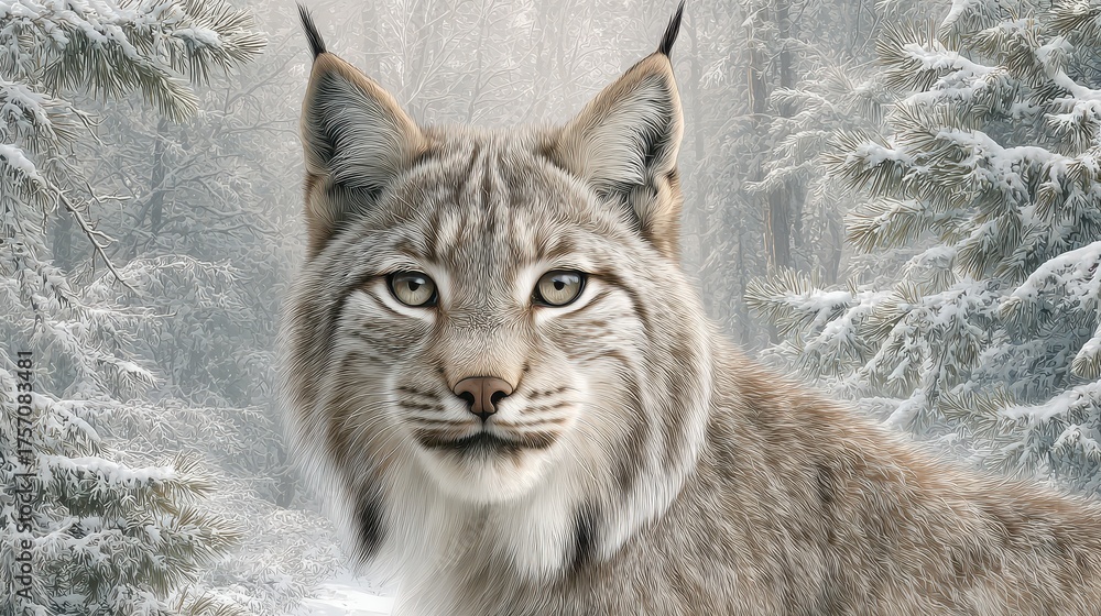 Fototapeta premium Majestic Lynx in Snowy Forest Winter Wonderland