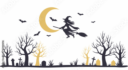 Mysterious witch flying on broomstick under a large yellow crescent moon amidst silhouetted haunted trees and gravestones isolated on white background