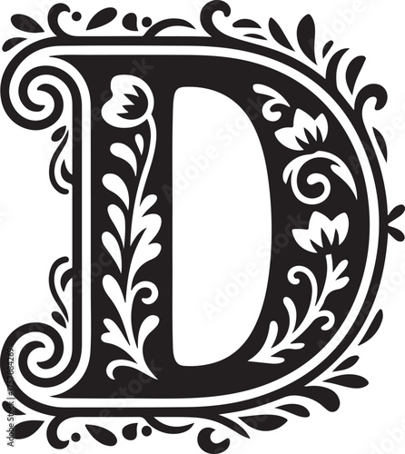 Ornate Initial Letter D Black Floral Swirls and Flourishes