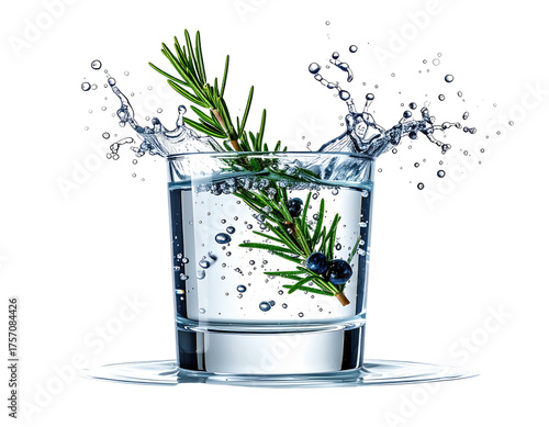 A refreshing cocktail of clear liquid with splash, rosemary, and berries, isolated on black