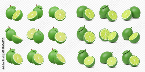A collection of green limes, some whole and some cut in half, arranged on a white background.