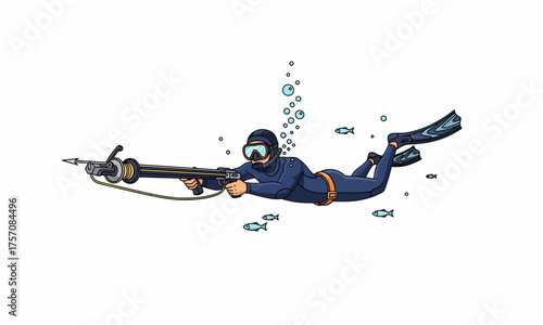 Cartoon Diver with Spear Gun Swimming Underwater, Aiming, and Bubbles.