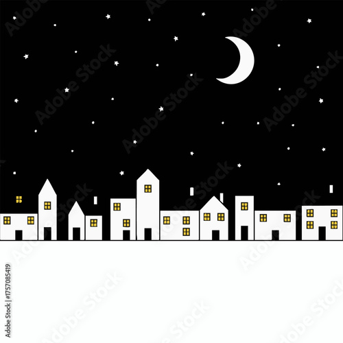 Peaceful night city illustration with simple white houses, glowing windows, a dark sky full of stars, and a crescent moon, creating a serene urban evening concept