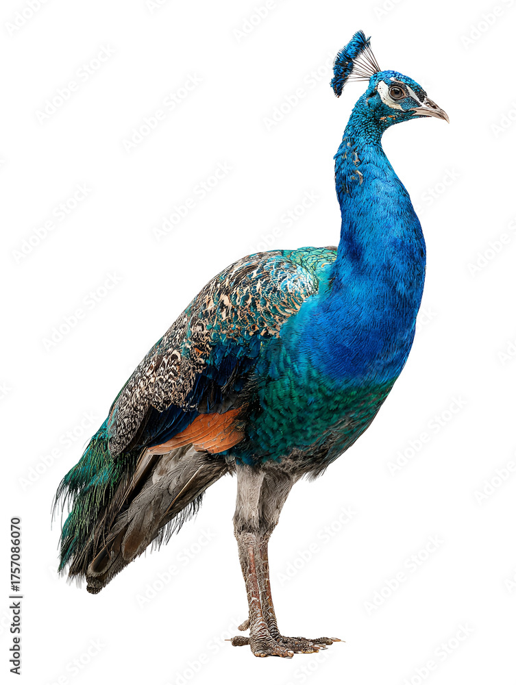 Fototapeta premium Elegant peacock exhibiting regal presence and intricate plumage standing gracefully with vivid coloration a captivating display of nature's beauty exotic fowl with exquisite