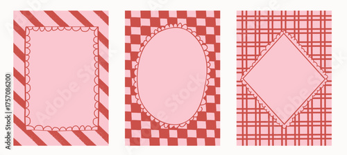 Retro pink and red frames with scalloped lace borders on striped, checkered, plaid patterns. Hand drawn doodle style backgrounds for Valentine stationery, scrapbooking, party invites. Vector templates