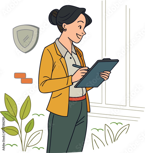 Professional woman writing notes on clipboard