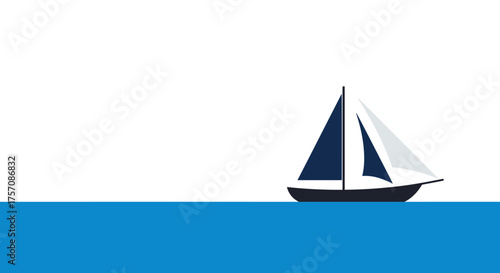 Sailing yacht with blue sails on bright blue water beneath a vast white sky representing freedom and adventure isolated on white background