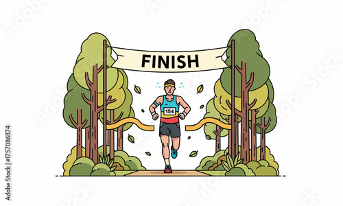 Determined male runner in a race bib crossing finish line banner between tall green trees, line art illustration.