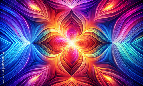 Vibrant Psychedelic Abstract Background with Symmetrical Flowing Rainbow Colors and Central Glow