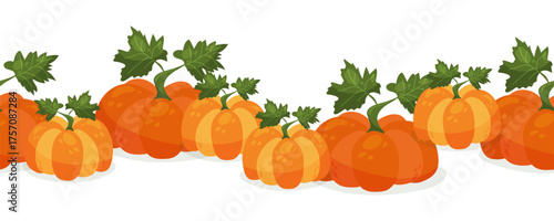 Seamless border pattern with bright orange pumpkins and green leaves perfect for autumn design, packaging, stationery and seasonal decoration