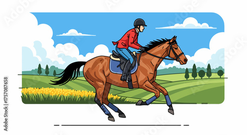 Dynamic brown horse galloping with rider in red jacket and black helmet, equestrian sport illustration.