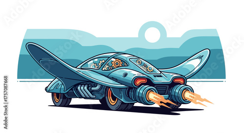 Futuristic Flying Car with Wings and Jet Engines Cartoon.