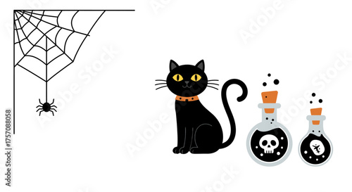 Spooky halloween scene featuring a black cat spiderweb and potion bottles perfect for festive decorations and designs isolated on white background