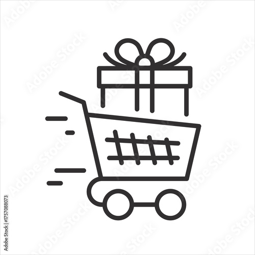Shopping Cart. Gift Box. Present Icon. Shopping Sale. Linear Vector Illustration.