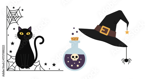 Whimsical halloween elements featuring a black cat spiders and a witch's hat pouring potion for festive celebrations isolated on white background