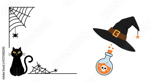 Spooky halloween corner elements featuring a black cat cobwebs and a witchs hat with a potion bottle for festive design isolated on white background