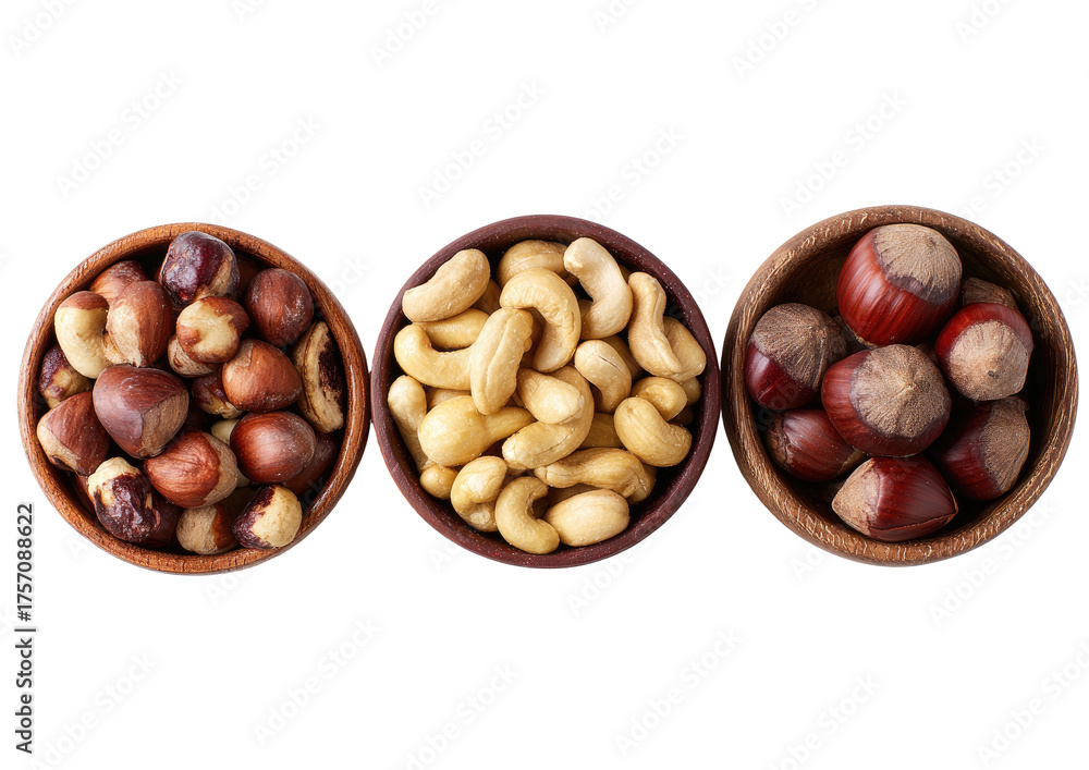 Obraz premium Three bowls of mixed nuts isolated on a black background