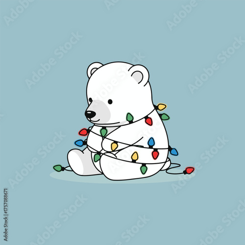 Vector art of cute polar bear cub entangled in colorful christmas lights, sitting on a light blue background, perfect for holiday designs and winter themes