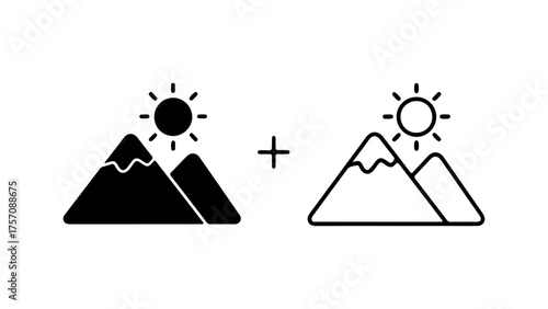 Mountains and sun icons with transparent background