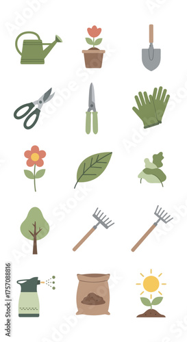 Gardening Tools and Plants Collection - Essential Equipment and Flora.
