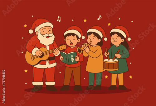 Joyful Christmas scene with Santa and kids making music in festive colors. Perfect for your holiday projects and cheerful designs