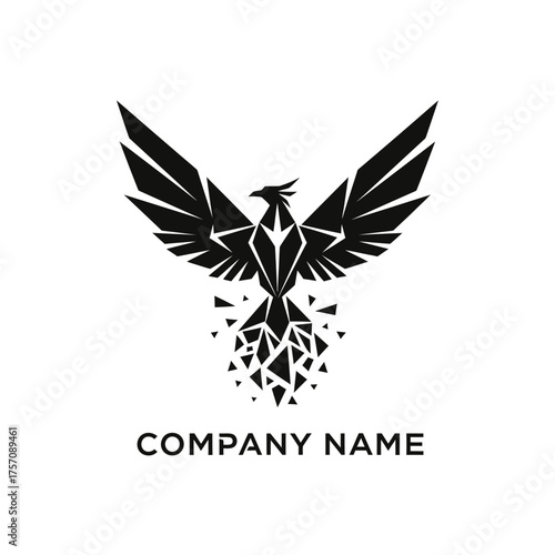 Geometric Phoenix Logo Design with Abstract Wings and Shattered Body.