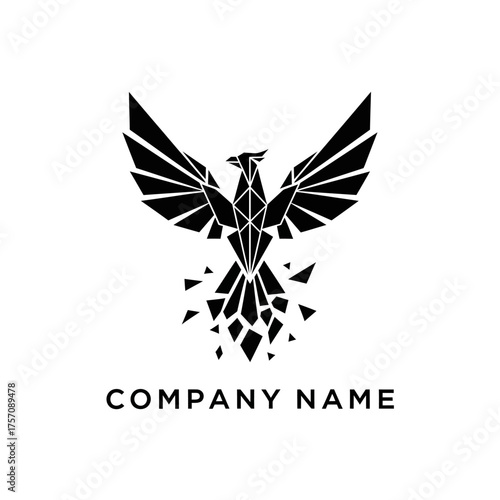 Geometric Phoenix Logo Design with Abstract Wings and Shattered Body.