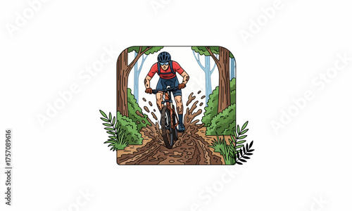 Dynamic mountain biker illustration splashing mud on a forest trail, vibrant colors, active pose.