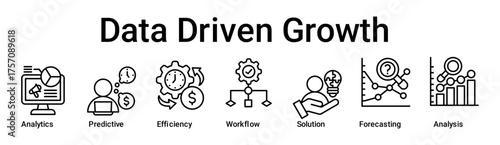 Data Driven Growth banner web icon vector illustration concept for business with icon of Analytics, Predictive, Efficiency, Workflow, Solution, Forecasting.