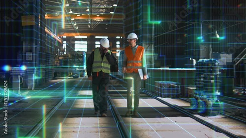 Two Engineers in Helmets and Safety Vests Walk Through High Tech Factory Enhanced by Glowing AR Grid. Concept of Smart Manufacturing, Industrial Innovation, Fusion of Humans With Digital Intelligence.