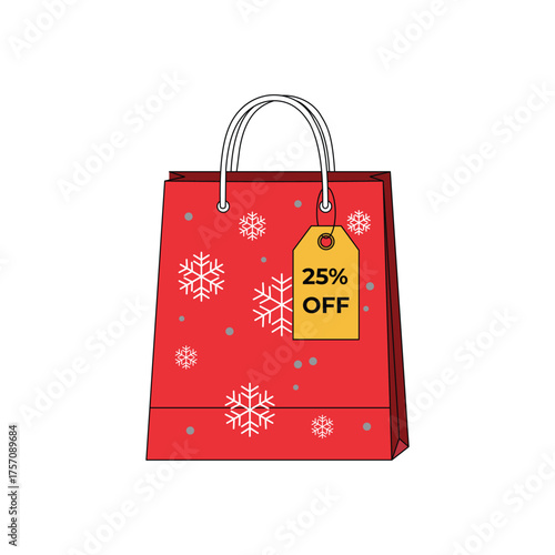 Vector art of red christmas shopping bag with snowflakes and a yellow tag saying 25 off