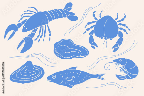 Seafood silhouette sketch on isolated background. Hand drawn set with crab, lobster, shrimp, mussel, oyster, crawfish, sea fishing, fish. Vector food illustration. Design for label, card, banner