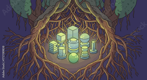 Geometric Shapes Nestled in Root System - A Symbol of Growth and Interconnection.
