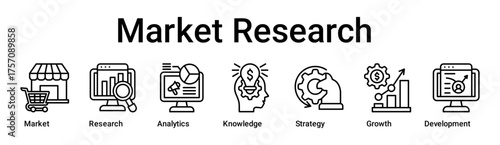 Market Research banner web icon vector illustration concept for business with icon of Market, Research, Analytics, Knowledge, Strategy, Growth.