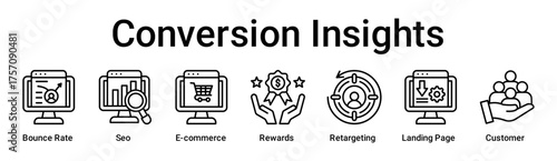 Conversion Insights banner web icon vector illustration concept for business with icon of Bounce Rate, Seo, E-commerce, Rewards, Retargeting, Landing Page.